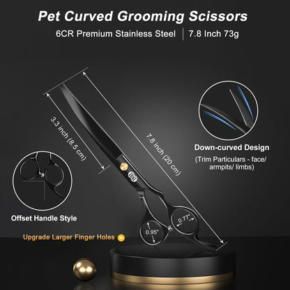 CIICII Dog Grooming Scissors Kit, 7.8 Inch Professional Pet Grooming Scissors Set (Dog/Cat Hair Thinning Trimming Cutting Shears) with Curved Scissor for DIY Home Salon (Heavy Duty-Black-9Pcs)