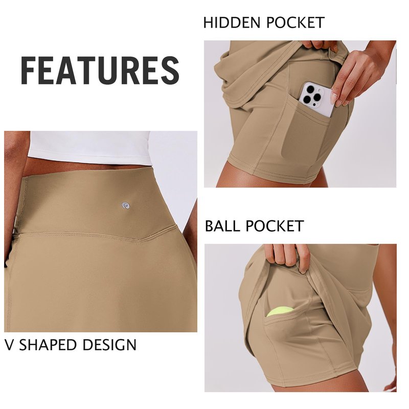 PINSPARK Tennis Skirts for Women V Waisted Golf Skorts Lightweight Athletic Skirt Stretchy Workout Skort with Pockets, Khaki Medium