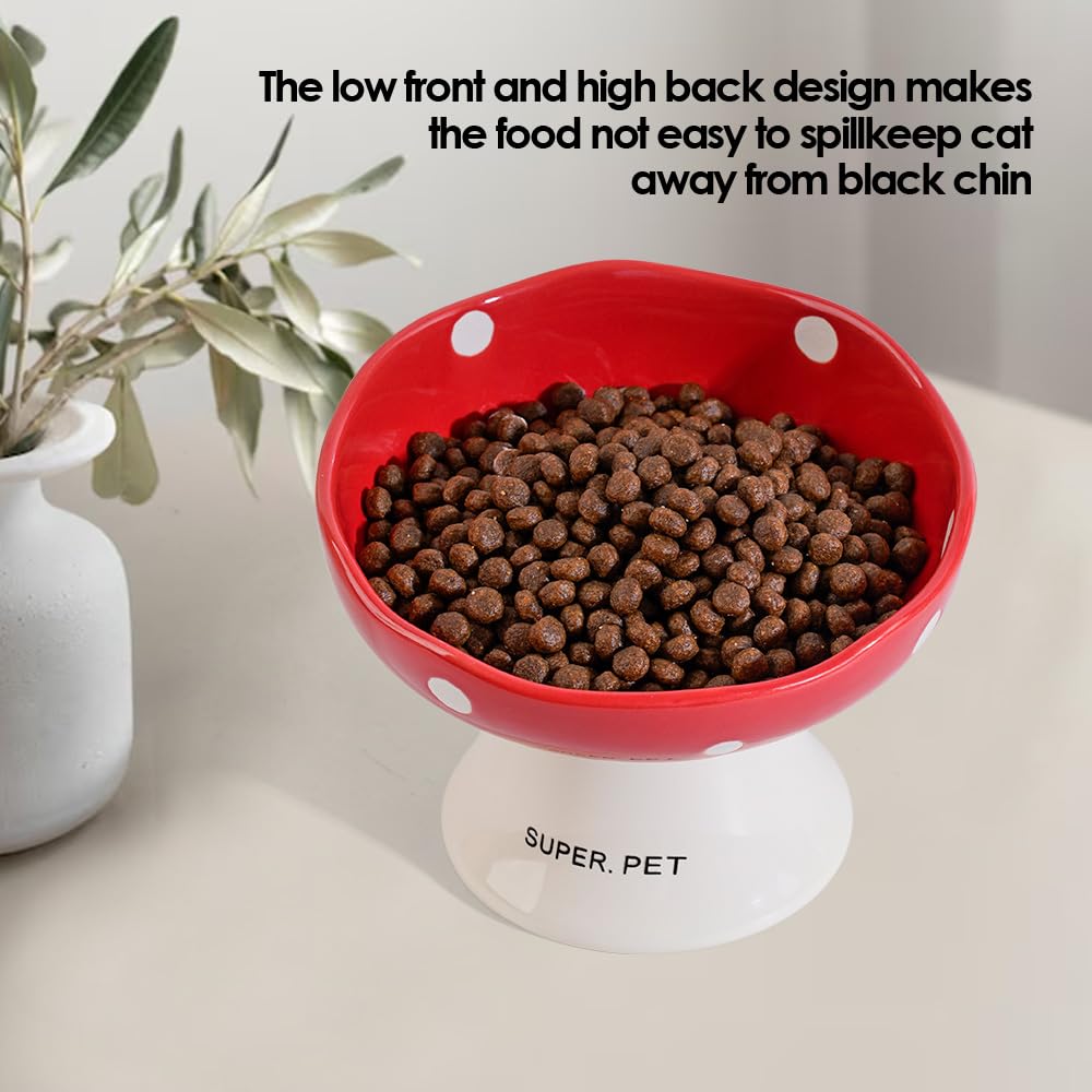 Ceramic Elevated Mushroom Cat Bowls, Tilted Raised Pet Dish Anti Vomit Kitten Bowl for Indoor Cats, Whisker Friendly Pet Food and Water Bowl for Kitten, Cat, Puppies, Dishwasher Safe (Red)