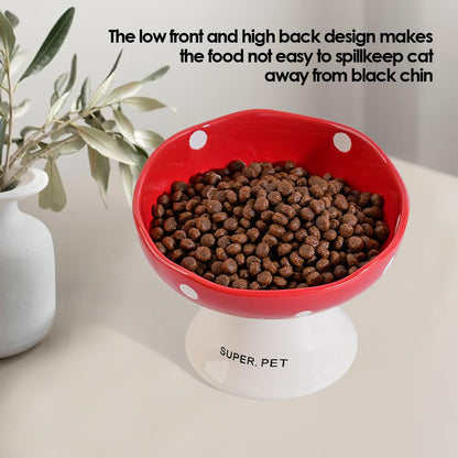 Ceramic Elevated Mushroom Cat Bowls, Tilted Raised Pet Dish Anti Vomit Kitten Bowl for Indoor Cats, Whisker Friendly Pet Food and Water Bowl for Kitten, Cat, Puppies, Dishwasher Safe (Red)