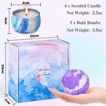Bath Bombs Gift Set - 5 Large Fizzy Spa Bombs with 4 Scented Candles for Women - Moisturizing Bubble Bath with Essential Oils for Valentine's, Birthday Gifts