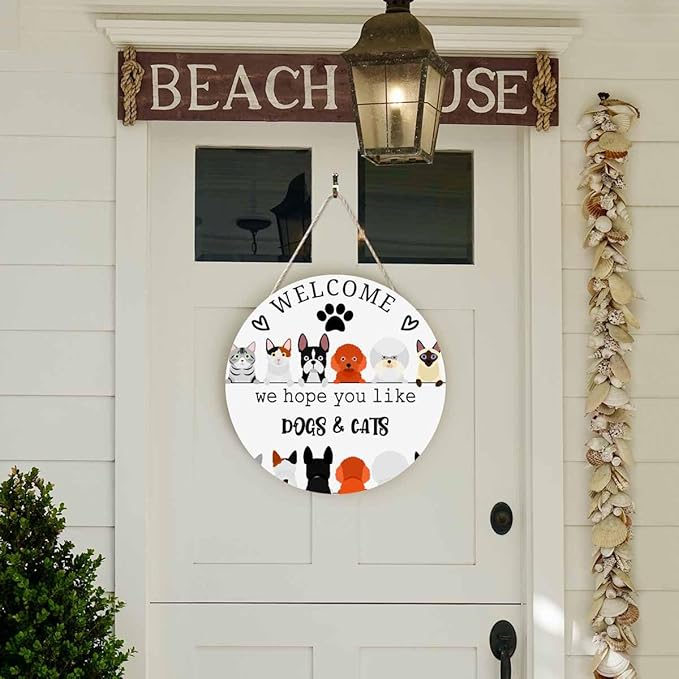 Welcome Front Door Sign Decor We Hope You Like Dogs & Cats 12in Wooden Hanging Plaque Sign for Porch Yard