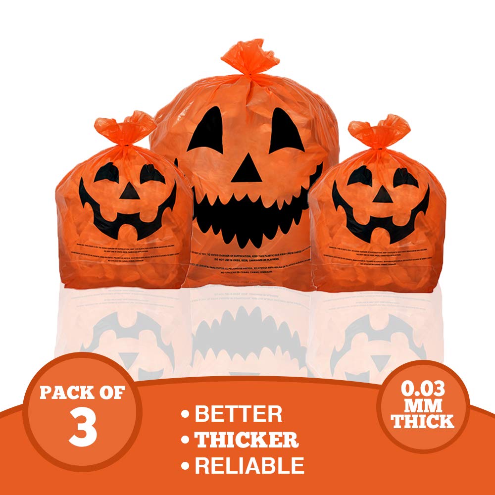 KINREX Halloween Leaf Bags Pumpkin Plastic Lawn and Leaf Bags Decoration - Outdoor Fall Trash Bag Decor - Orange Jack O Lantern - Pack of 3 with Twist Ties
