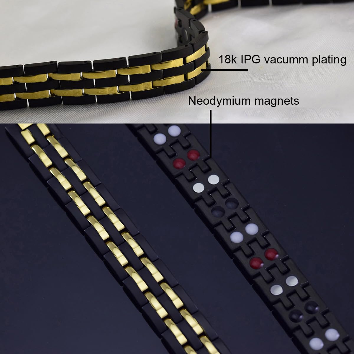 JFUME Magnetic Bracelets for Men 18k Gold Plating and PVD Black Stainless Steel with Link Removal Tool 8.5" Adjustable