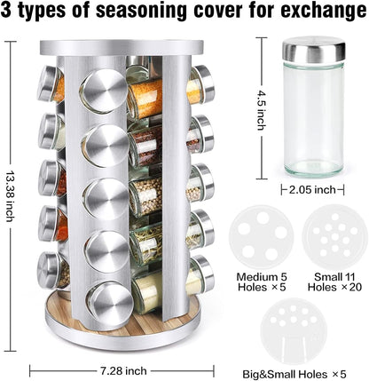 Spice Rack Organizer with Jars for Cabinet (20Pcs) Revolving/Rotating Seasoning Organizer, Stainless Steel/Wooden Countertop Rack Tower Organizer for Kitchen Pantry with Reusable Labels/Funnel/Brushes
