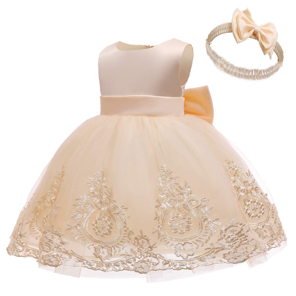 CMMCHAAH Princess Girl Lace Embroidery Bow Toddler Dresses Cute Sleeveless Prom Dresses Baby Frocks (Champagne,110)