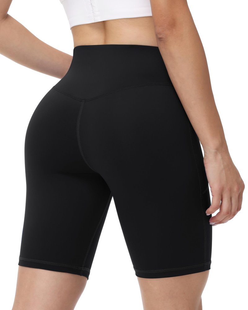 Runhit Biker Shorts Women with Pockets - 8'' High Waisted Tummy Control Workout Gym Yoga Running Spandex Compression Short Black