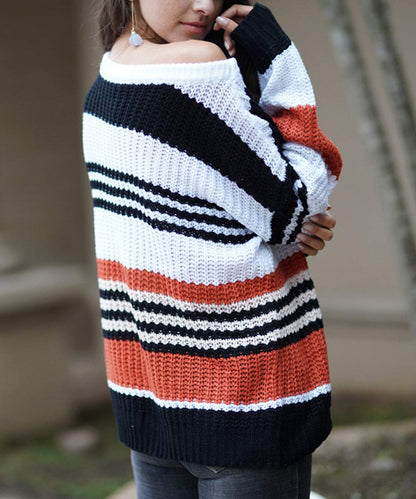 KIRUNDO Women's 2025 Fall Winter Striped Color Block Short Sweater Long Sleeve Crew Neck Casual Loose Knit Pullover Tops(Medium, 1977-Orange)