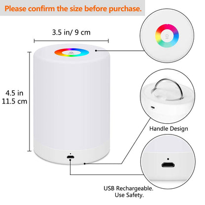 LED Night Light, Smart Bedside Table Lamp, Touch Control Dimmable USB Rechargable, Portable, Color Changing RGB for Kids, Bedroom, Camping (Warm White)