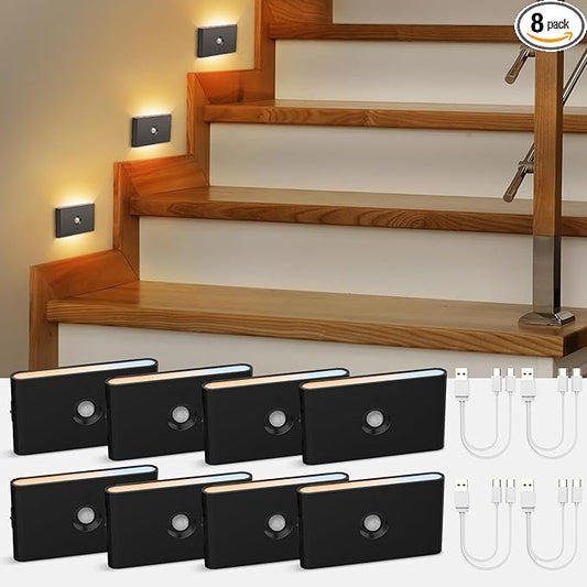 wowatt Rechargeable Motion Sensor Stair Light, Black Night Lights with Magnetic Mount, Dimmable Step Lights Indoor for Stairway, Hallway, Kitchen, Bathroom(8 Packs)