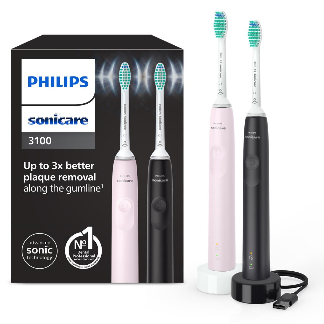 Philips Sonicare 3100 Electric Toothbrush, Sonic Toothbrush, Pressure Sensor and Timer, Sugar Rose and Black, Dual Pack, HX3675/15