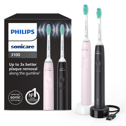 Philips Sonicare 3100 Electric Toothbrush, Sonic Toothbrush, Pressure Sensor and Timer, Sugar Rose and Black, Dual Pack, HX3675/15
