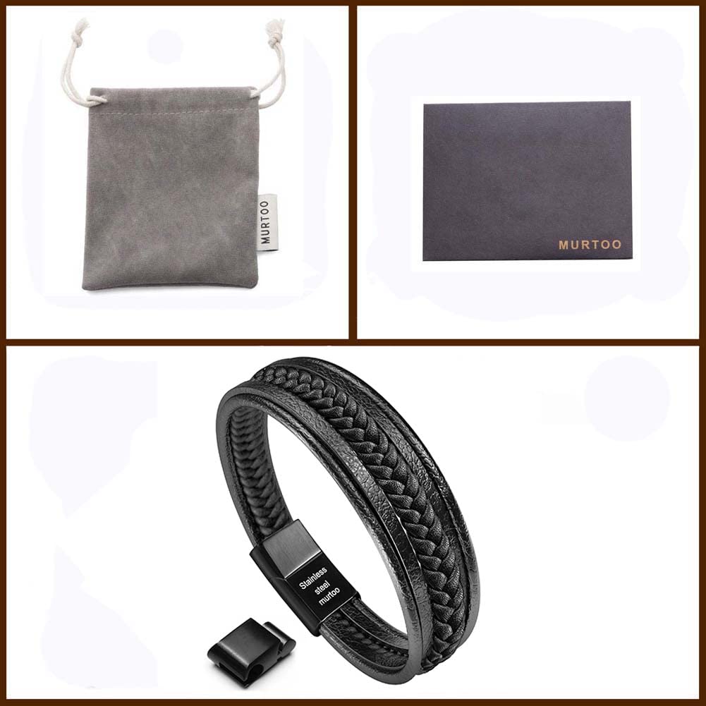 Murtoo Mens Unisex Cuff Bracelet - Black Leather Multi-Layer Magnetic Clasp Rope Wristband (Black, 7.5'')