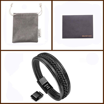 Murtoo Mens Unisex Cuff Bracelet - Black Leather Multi-Layer Magnetic Clasp Rope Wristband (Black, 7.5'')