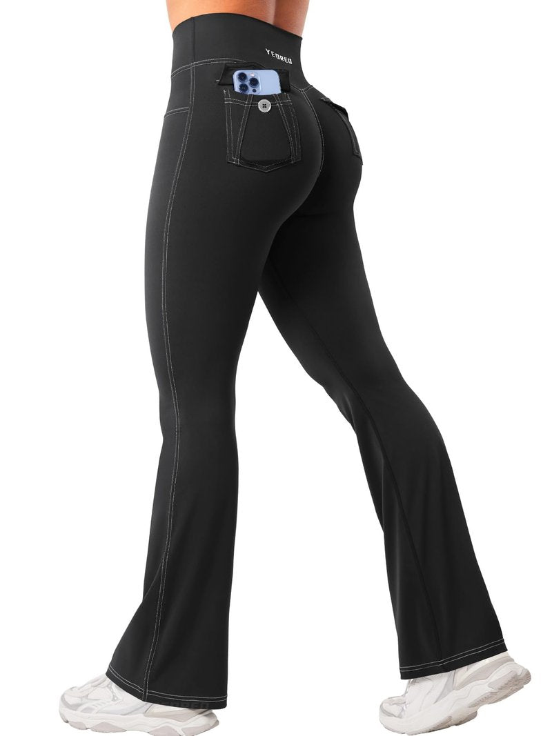 YEOREO CoreFlex Women Workout Mini Flare Leggings with Pockets Hidden Scrunch High Waisted Cargo Gym Casual Denim-Look Yoga Pants Black L