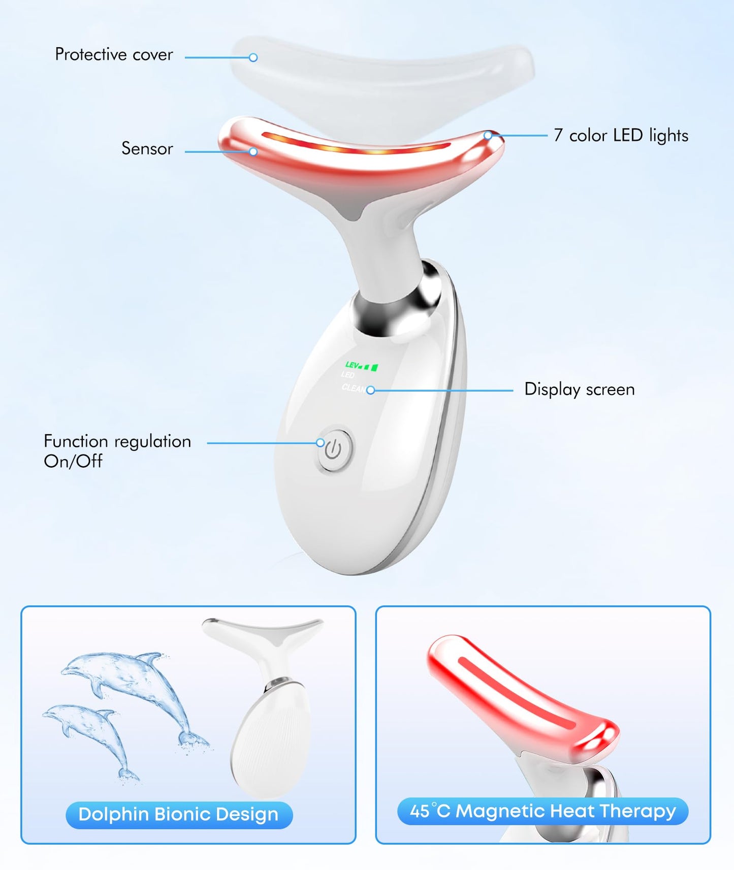 Red-Light-Therapy-for-Face-and-Neck, 7 Color Face Massager Tool for Wrinkles, Double Chin, Vibrating Facial Massager with Thermals for Skin Care, Glossy Pink