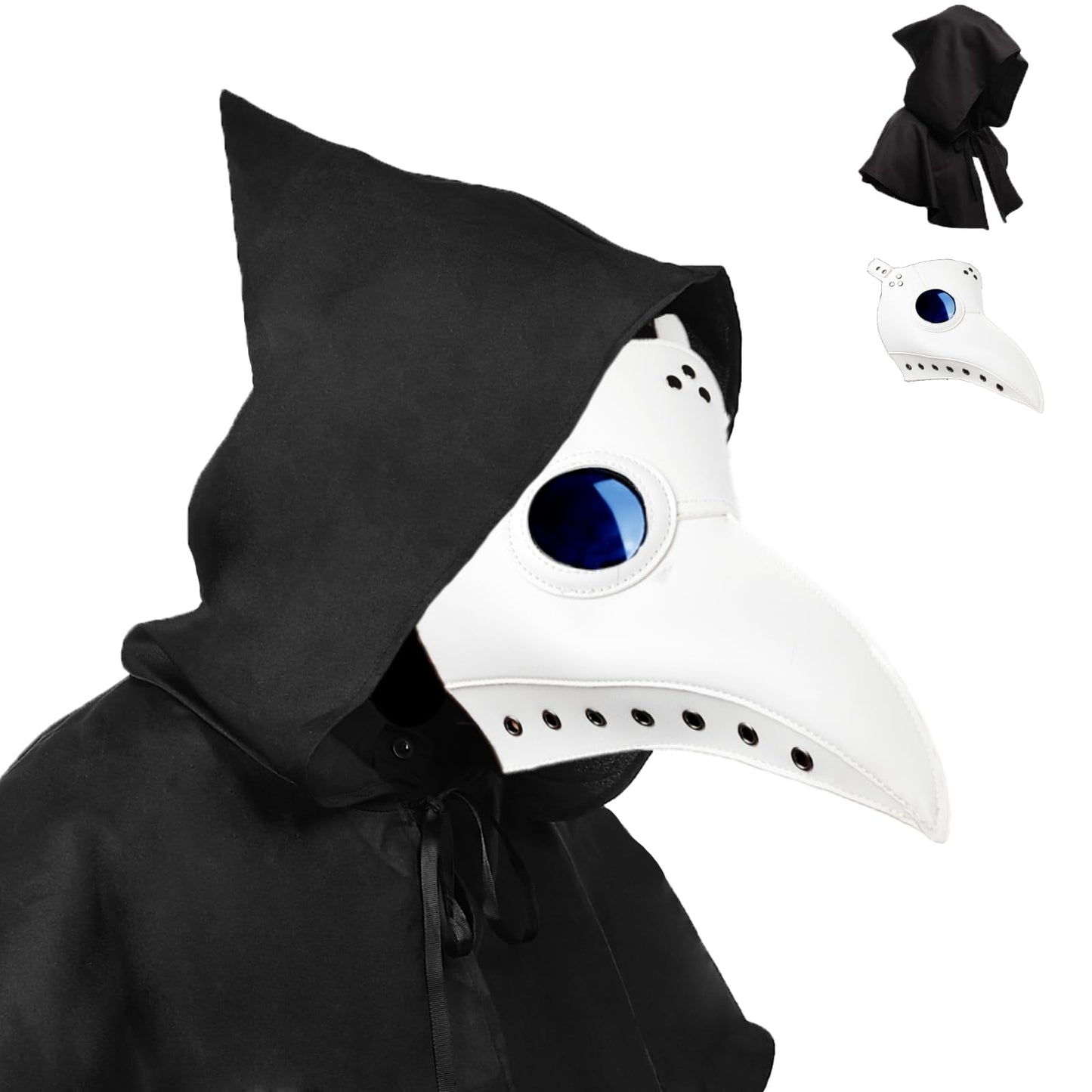 Raxwalker Plague Doctor Bird Mask Cloak Set Retro Steampunk Halloween Costume Long Nose Beak Cosplay Props (White SET)
