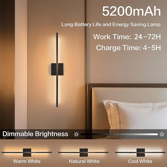 Rechargable Wall Sconce Set of Two, Modern Wireless Living Room Wall Decor Lights with Remote, 28.35Inch Dimmable Indoor Home Decor Lights for Bedroom, Living Room, Hallway (Black/Square)