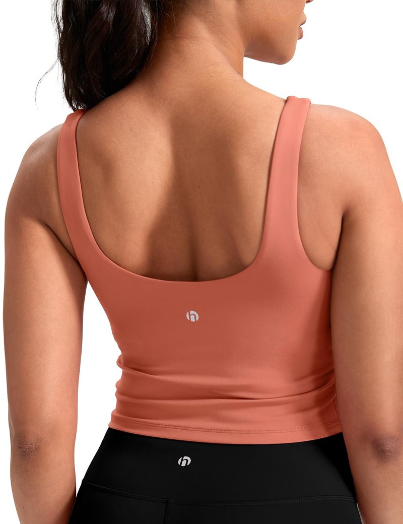HeyNuts Zeal Bra Womens Scoop Neck Longline Sports Bras, U Back Medium Impact Wirefree Workout Athletic Running Basic Gym Yoga Crop Tank Tops Padded Camisole with Built in Bras Paprika S
