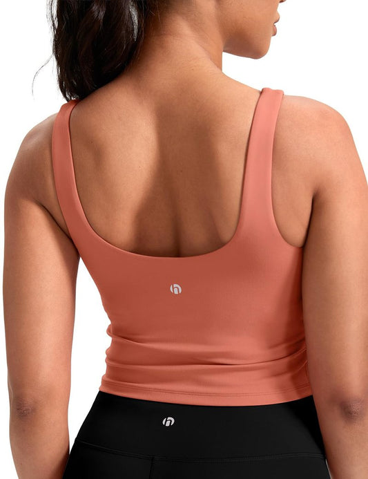 HeyNuts Zeal Bra Womens Scoop Neck Longline Sports Bras, U Back Medium Impact Wirefree Workout Athletic Running Basic Gym Yoga Crop Tank Tops Padded Camisole with Built in Bras Paprika S