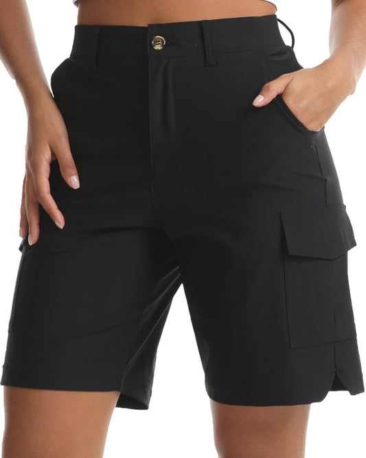 Yoglegins Women's Lightweight Hiking Cargo Shorts for Running Athletic Camping Travel Golf - Water Resistant with 5 Pockets (Black, X-Large)