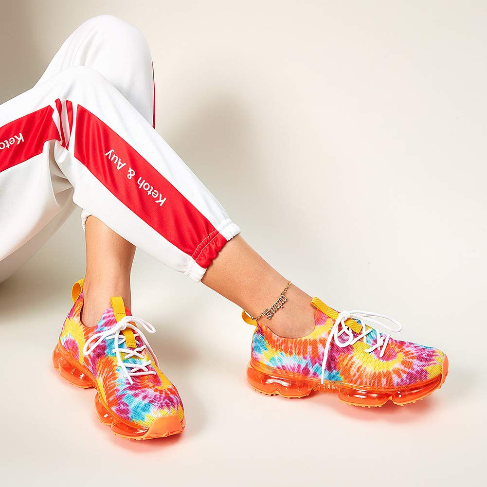 LUCKY STEP Women Air Cushion Fashion Sneakers Breathable Casual Comfortable Lightweight Walking Shoes (Orange Multi,10B(M) US)