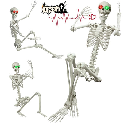 6Ft Halloween Skeleton, Posable Life Size Skeleton with Glowing Eyes Creepy Sound, Plastic Skeletons with Movable Joints for Graveyard Prop, Indoor Outdoor Haunted House Party Decor