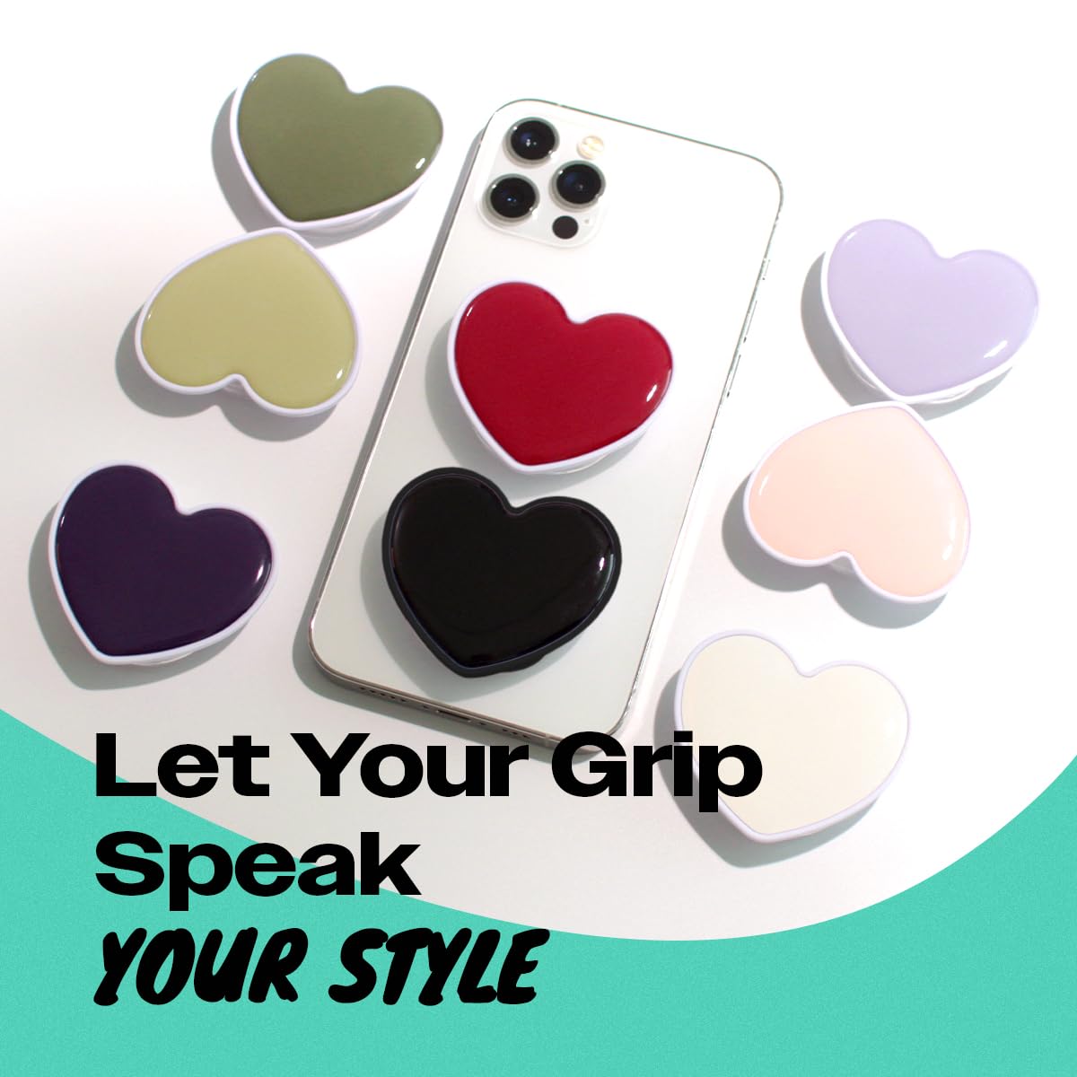 OnTheGrip Cute Solid Macaron Color Heart Shape Collapsible Mobile Phone Grip Stand Holder for Smartphone Tablet Cell Phone Accessory (Black)
