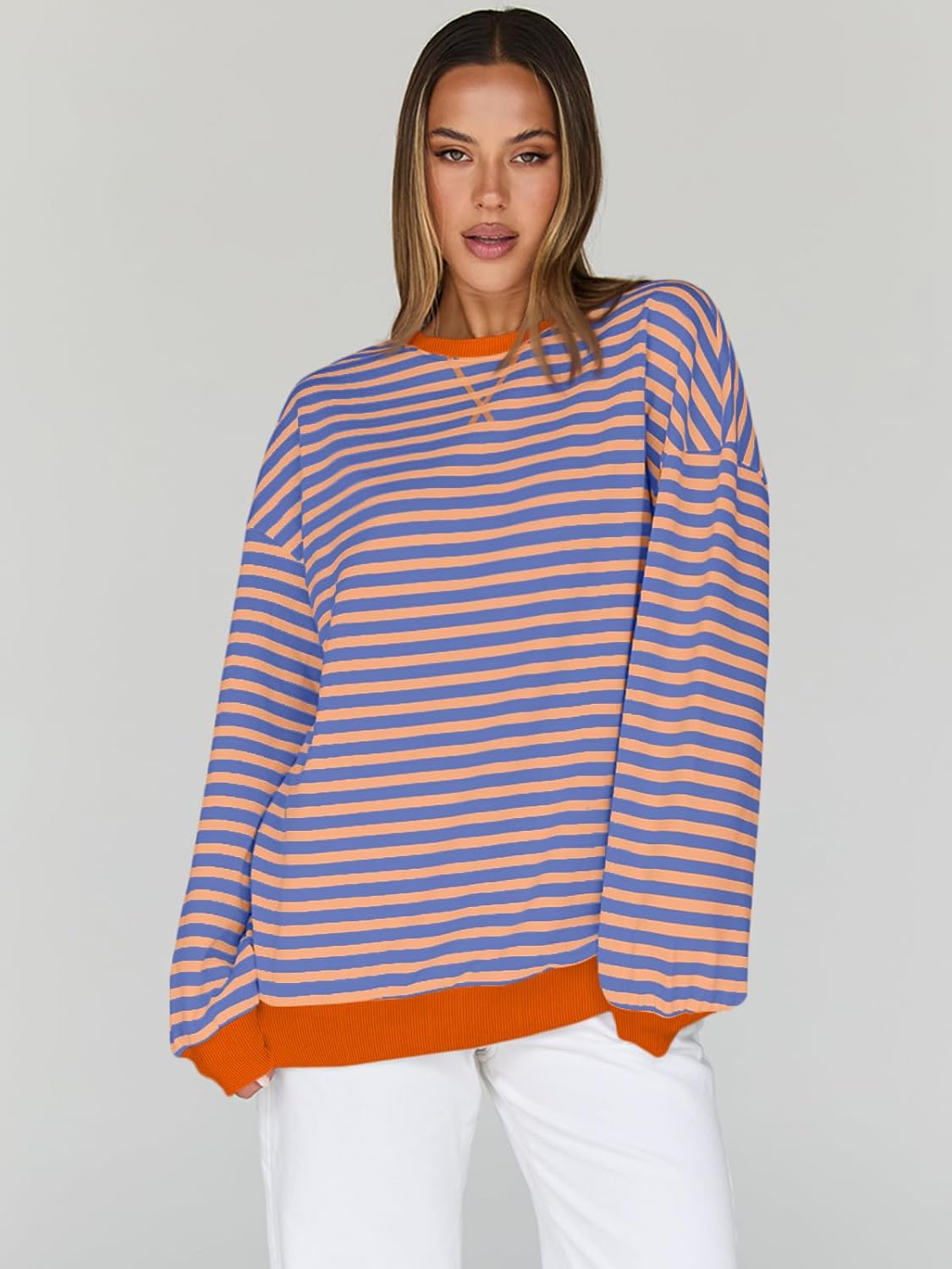 Trendy Queen Oversized Sweatshirt for Women 2025 Fall Crewneck Striped Long Sleeve Shirts Hoodies Cute Top Y2K Outfits