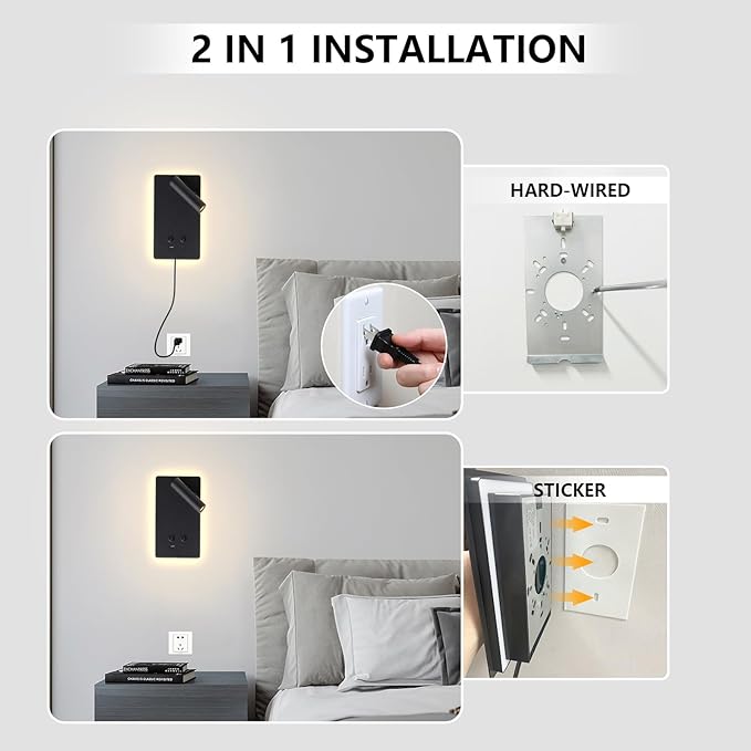 LED Wall Mounted Reading Lights for Books in Bed, Plug in Wall Sconce with USB C+A Ports & 3 Brightness Dimmable, Black Wall Lamps for Bedroom, Headboard Bedside Lamp with 9W+3W Night Light (2 Pack)