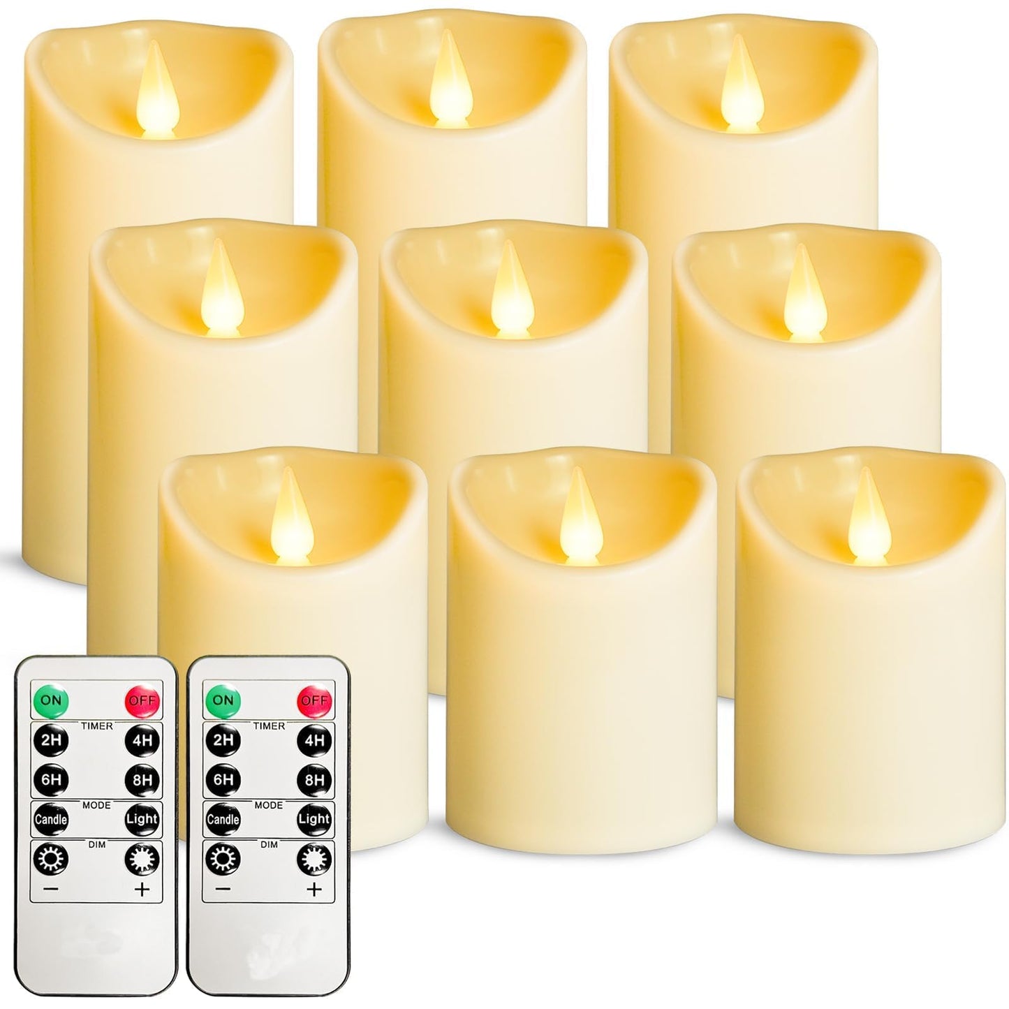 LEOSAN led Flameless Candles Outdoor Indoor Battery Operated Flickering Candles with Remote Timers, Won't Melt, Ivory Plastic D3inxH4in5in6in for Halloween, Party, Valentine's Day, Wedding 9 pcs