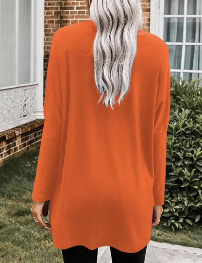 Poetsky Women's Pumpkins Tunic Tops for Leggings or Jeans O Neck Long Sleeve Halloween Costume Fun Tee with Pockets Orange L