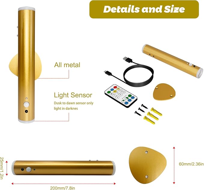Motion Sensor Night Lights, Magnet Body Sensor Hallway LED Wall Lights, Rechargeable Portable Stairway, Battery Powered Cabinet Lights, Bedside Night Light (1pcs-Gold)