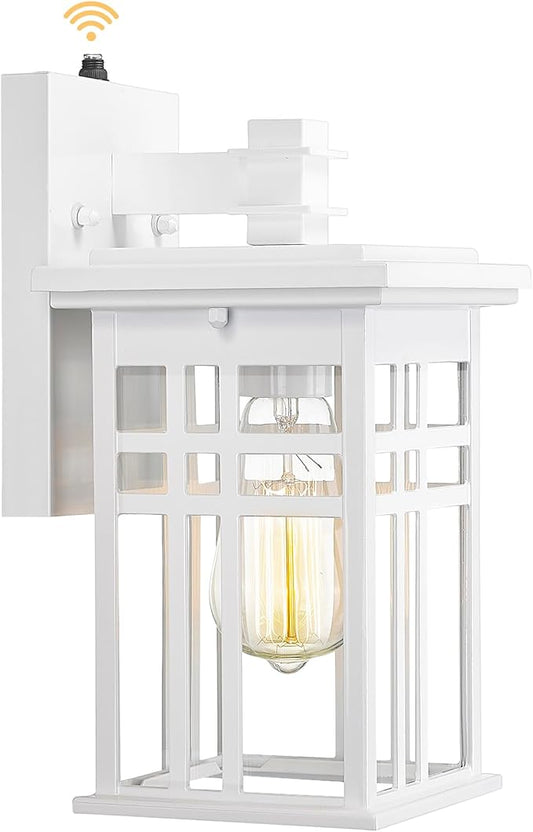 Dusk to Dawn Sensor Outdoor Wall Sconce - HWH Exterior Wall Lantern Light Fixture for Porch, Garage, Doorway, Garden, Glossy White Finish, 5HD27B-PC WH