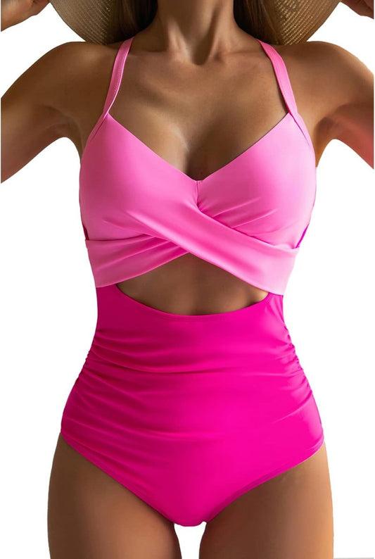 Women's High Waisted One Piece Swimsuit - Tummy Control Cutout Design | Stylish Wrap Tie Back