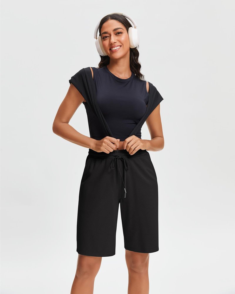 Stelle Women's Cotton Bermuda Shorts 10" Long Knee Length Comfy Sweat Shorts with Deep Pockets Lounge Casual Summer (Black, XL)