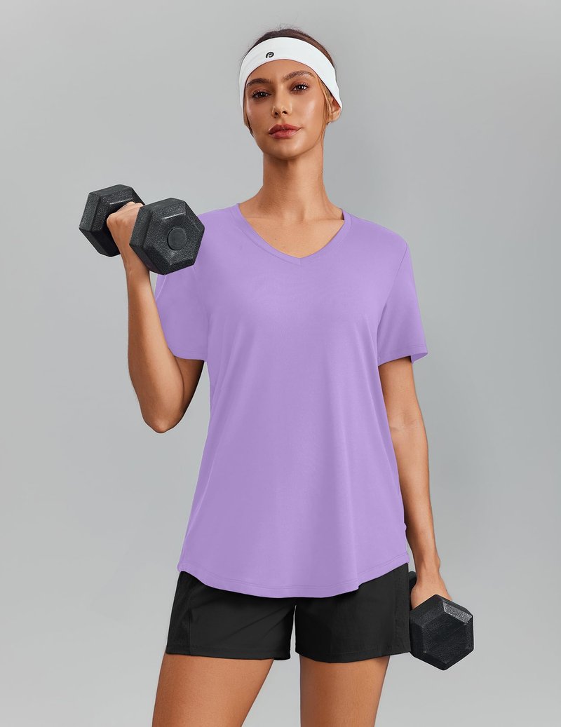 PINSPARK Hiking Shirts for Women UPF 50 Sun Protection Short Sleeve V Neck Moisture Wicking Quick Dry Outdoor Athletic Tops,Lavender X-Large