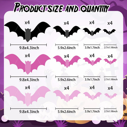Pink Bats for Wall Halloween 3D Bat Blush and Black DIY Wall Decal Bathroom Indoor Cute Pastel Halloween, PVC Door Bats Stickers for Home (48pcs)
