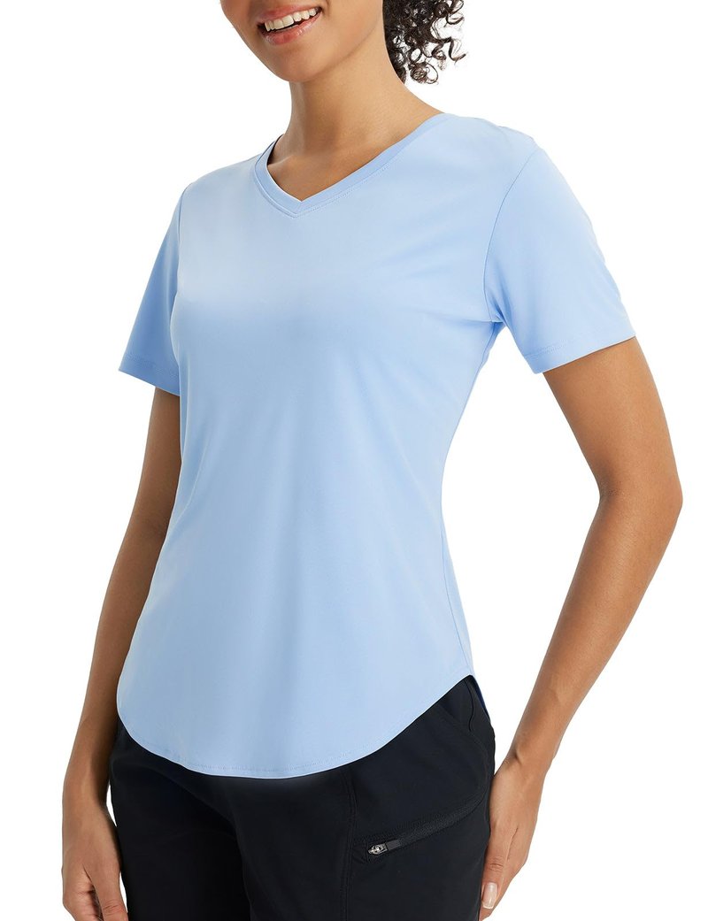 baleaf Women’s Sun Shirt Short Sleeve Lightweight Quick Dry UPF 50+ V Neck Loose Fit Workout Top Running Hiking Travel Light Blue L
