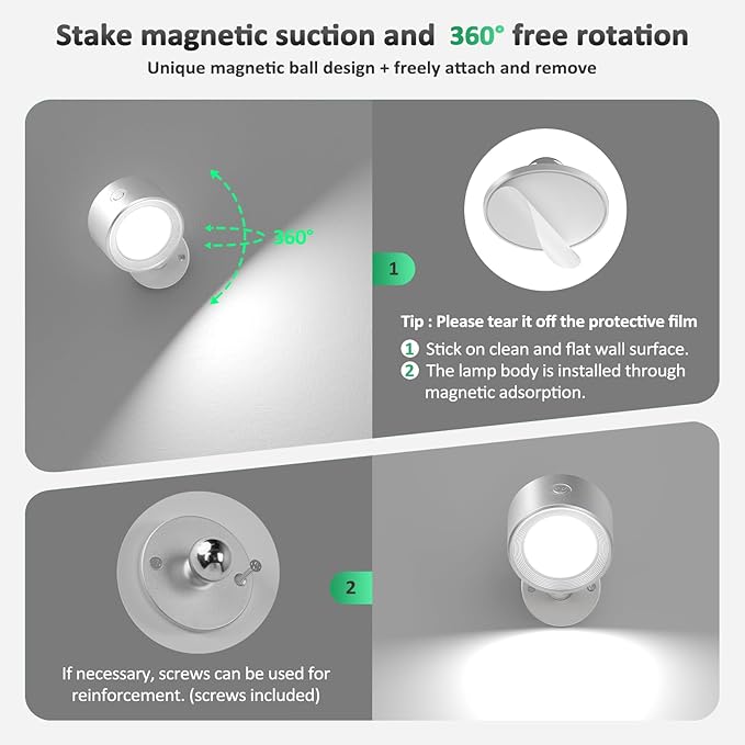 Lightbiz LED Reading Lights, Wall Lights Sconces with Remote Rechargeable Battery Operated, 3 Color Temperatures & Dimmable Light Magnetic Ball 360°Rotation, Lamps for Study Bedside Closet