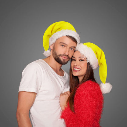 QZMCEAGS Yellow Christmas Hat, Santa Hat, Xmas Holiday Hats for Unisex Adults, Comfortable Plush Classic Santa Claus Hats, Christmas New Year Festive Holiday Party Supplies