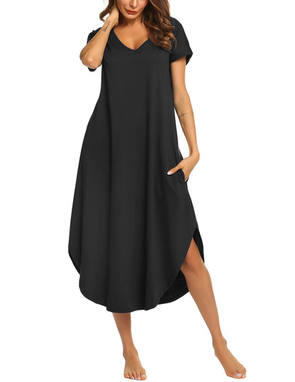 Ekouaer Nightgowns for Women V Neck Nightshirts Short Sleeve Soft Sleepwear Side Split Pockets Long Nightdress Black