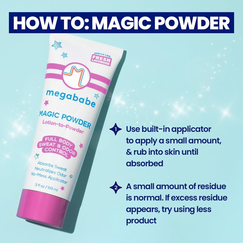 Megababe Sweat & Odor Absorbing Lotion - Magic Powder Stay-Dry Lotion to Powder | Summer and Hot Weather Essential | Aluminum-Free, Talc-Free | 3 fl oz