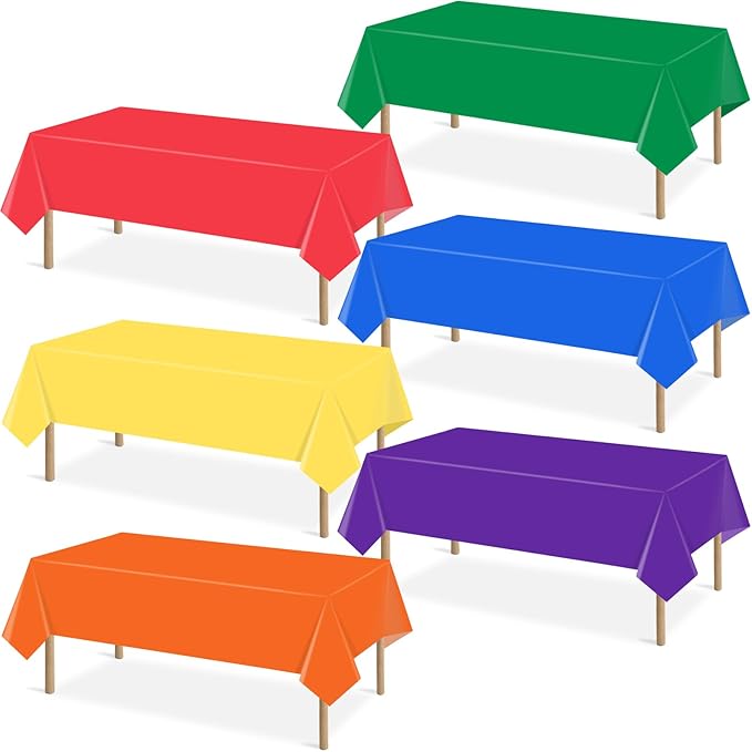 6 Packs Disposable Plastic Tablecloths 54 x 108 Inch Rainbow Color Table Cloth Colorful Rectangle Waterproof Table Covers for Birthday Parties Wedding Picnic Theme Party Decorations