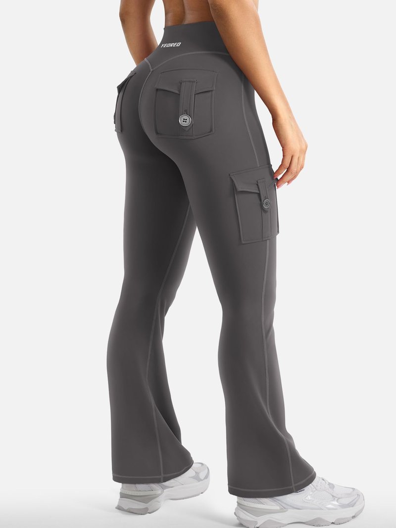 YEOREO CoreFlex Women Workout Flare Leggings with Pockets Scrunch Cargo Gym Yoga Leggings Dark Grey M