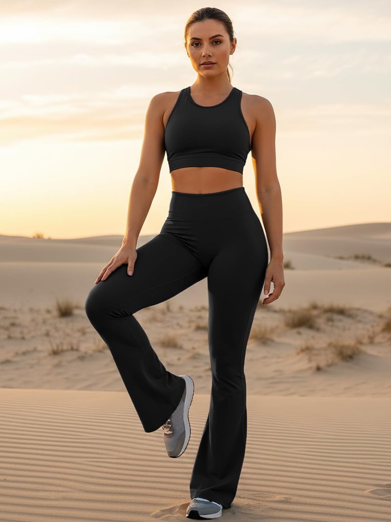QOQ Flare Leggings with Pockets for Women Workout Scrunch Flare Leggings Tummy Control Gym Yoga Pants Wide Leg Black L