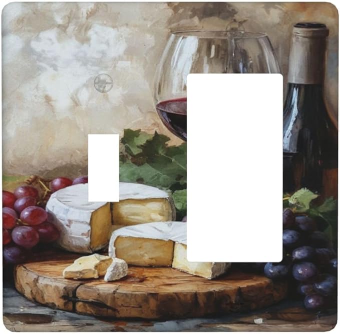Decorative Art Light Switch Covers Wineglass & Artisanal Cheeses 2 Gang Single Toggle Rocker Combination Electrical Faceplate Switchplate Wall Plate for Home Decor