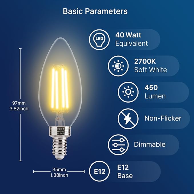 FLSNT 40W Equivalent LED Candelabra Bulbs, Dimmable LED Chandelier Bulbs, E12 Base, 450LM, 82 High CRI, 12 Pack, 2700K Soft White UL,CA65 Listed.