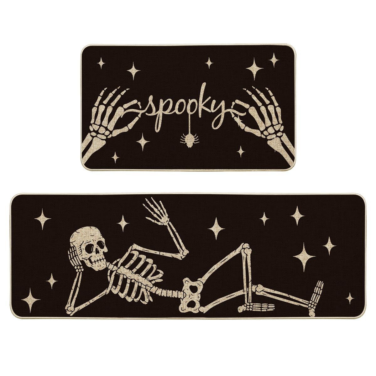Artoid Mode Spooky Skeleton Spider Bone Black Halloween Kitchen Mats Set of 2, Black Home Decor Low-Profile Kitchen Rugs for Floor - 17x29 and 17x47 Inch