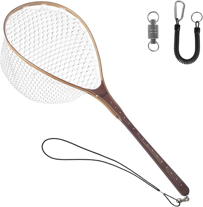 Aventik Fly Fishing Landing Net - Wooden Design with Magnet Release & Soft Rubber Bag | Great Fish Protection